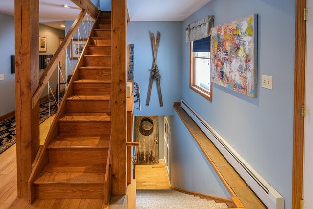 874 Vt Route 100, Ludlow, VT 05149 - staircase featuring wood-type flooring and a baseboard heating unit