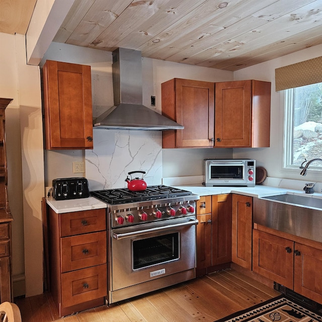 kitchen featuring backsplash, sink, wall chimney exhaust hood, designer stove, and light hardwood / wood-style floors