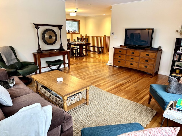 living room with hardwood / wood-style flooring and ornamental molding