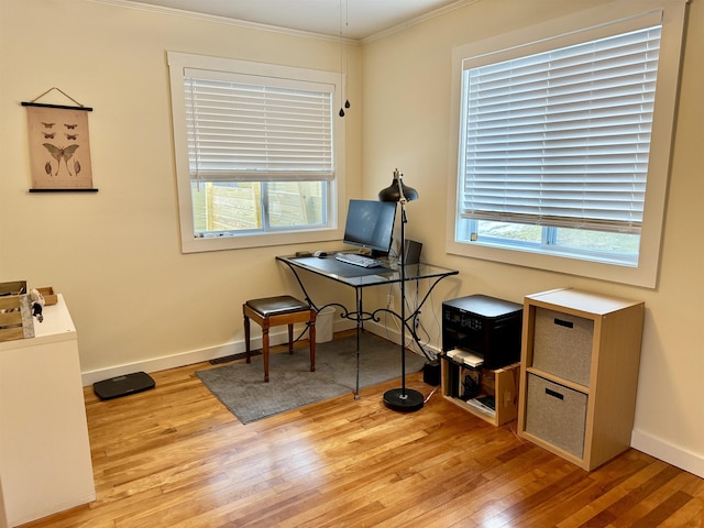 home office featuring light hardwood / wood-style floors, crown molding, and a wealth of natural light