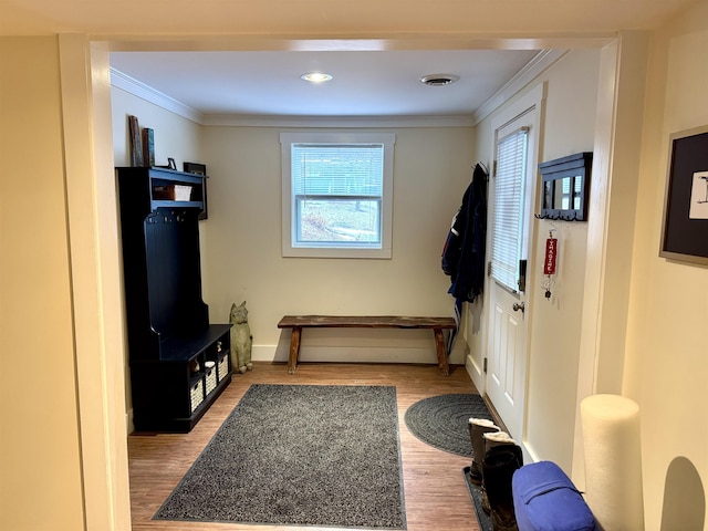 mudroom featuring light wood-type flooring and crown molding