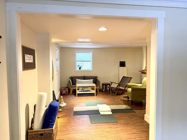 exercise room with hardwood / wood-style flooring