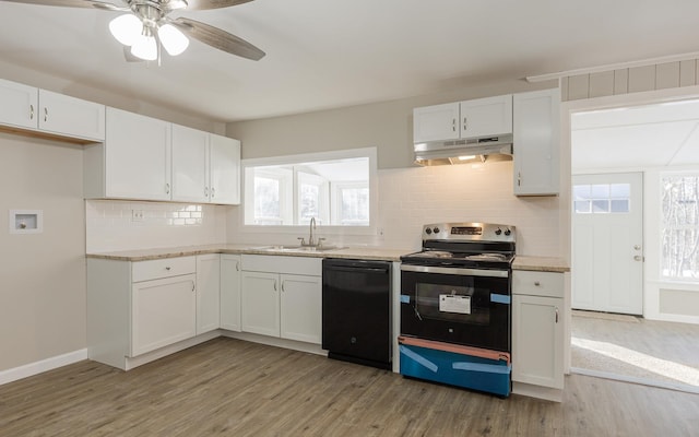 kitchen with dishwasher, white cabinets, and stainless steel range with electric stovetop