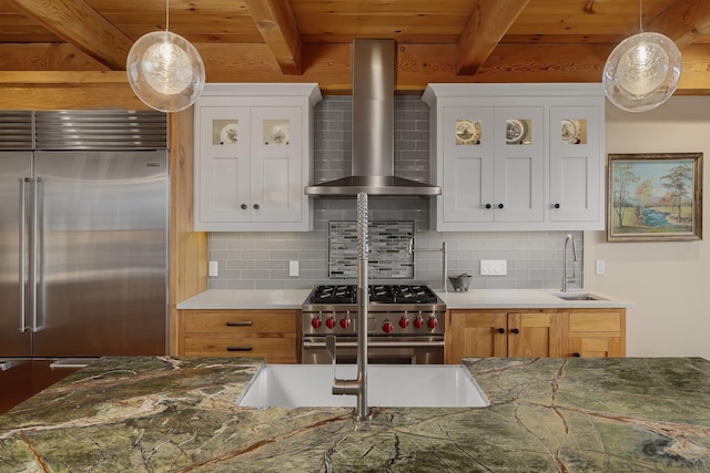 kitchen featuring white cabinetry, sink, wall chimney exhaust hood, and high end appliances