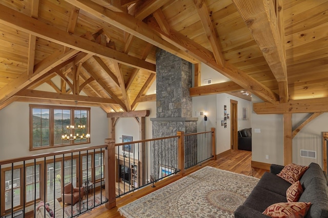 interior space featuring beam ceiling, high vaulted ceiling, a notable chandelier, wood ceiling, and light wood-type flooring