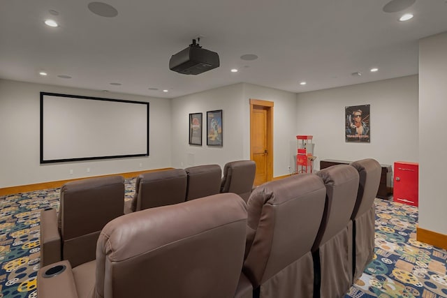 home theater featuring carpet flooring