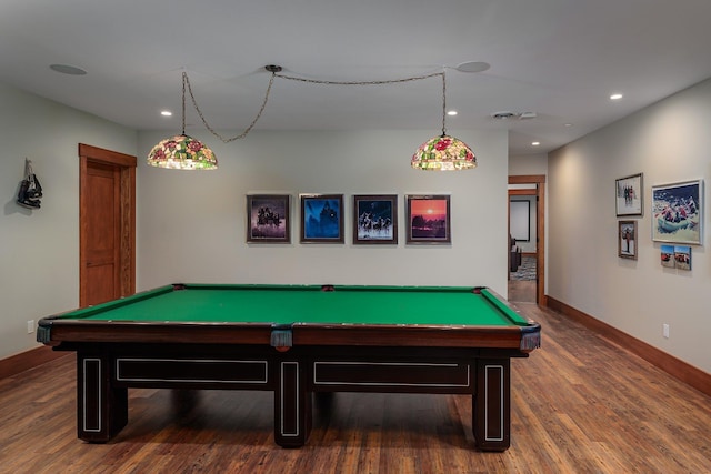 rec room with dark hardwood / wood-style flooring and billiards