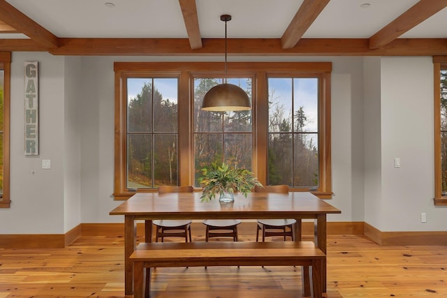 dining space featuring beam ceiling and light wood-type flooring