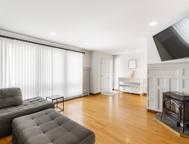 living room featuring a wood stove and light hardwood / wood-style flooring