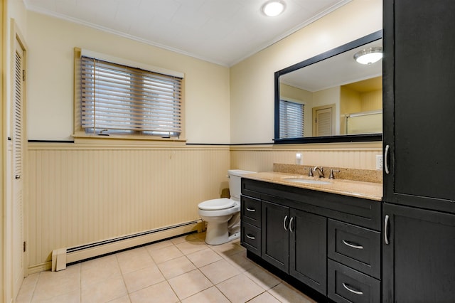 bathroom featuring baseboard heating, tile patterned flooring, toilet, vanity, and ornamental molding