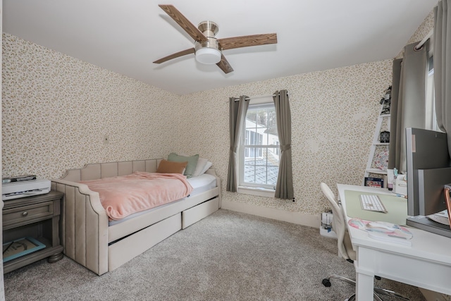 carpeted bedroom featuring ceiling fan