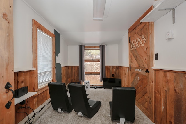 interior space featuring baseboard heating, a wealth of natural light, and light carpet