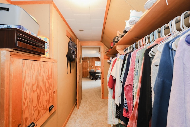 walk in closet featuring light carpet