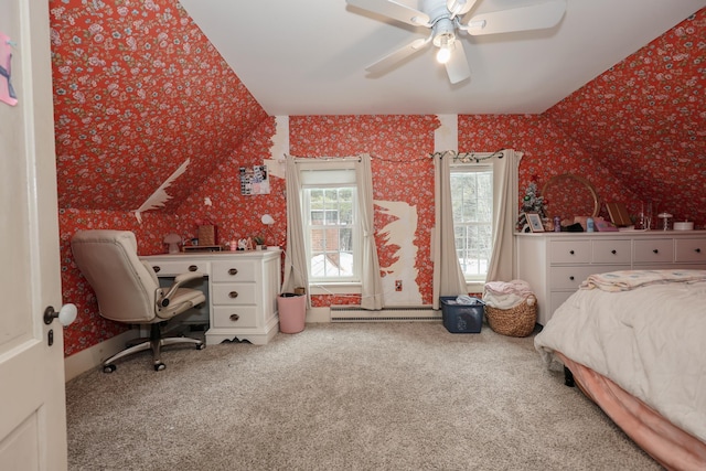 unfurnished bedroom with ceiling fan, carpet floors, and baseboard heating