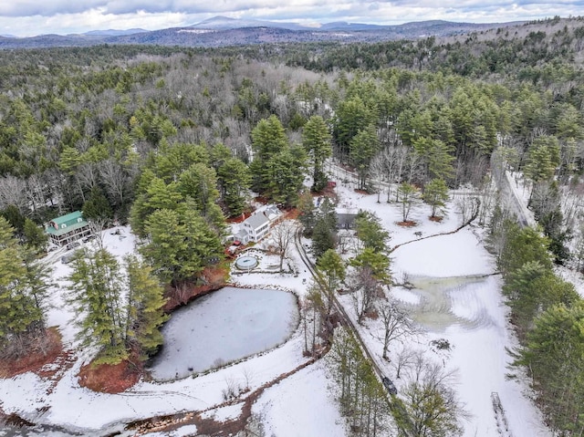 snowy aerial view with a water and mountain view