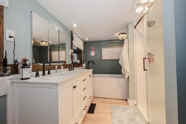 bathroom featuring vanity, wood-type flooring, and a shower with door