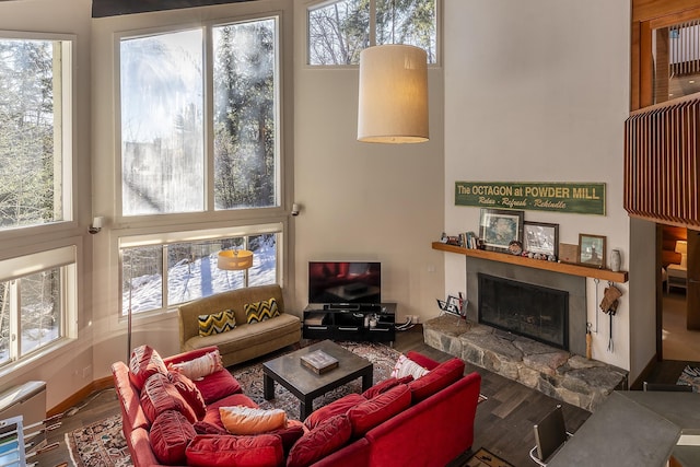 living room with a towering ceiling, hardwood / wood-style flooring, and a stone fireplace