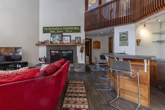 living room with dark hardwood / wood-style flooring, a towering ceiling, and track lighting