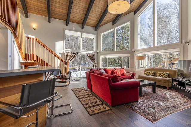 sunroom with beamed ceiling and wood ceiling