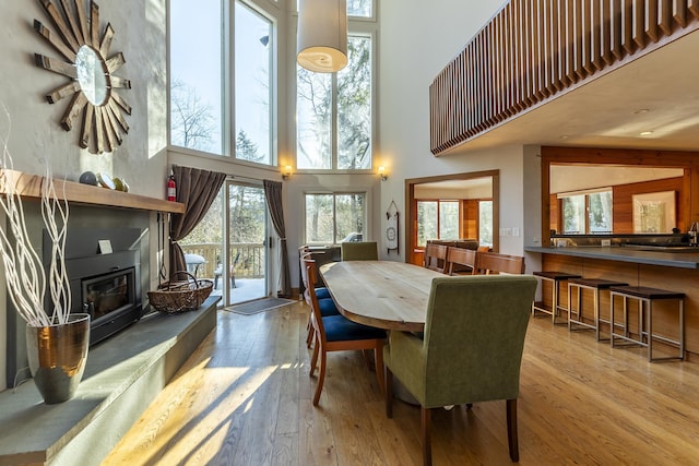 dining space featuring light hardwood / wood-style floors and a high ceiling