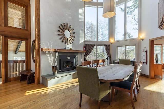 dining room featuring a towering ceiling, a healthy amount of sunlight, and light wood-type flooring