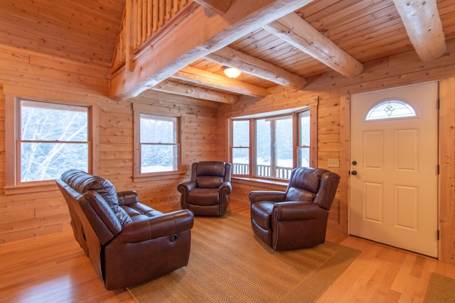 living room with light wood-style floors, beamed ceiling, wooden ceiling, and wooden walls