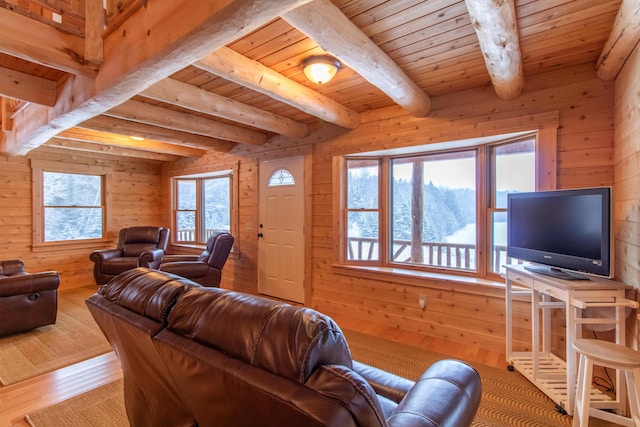 living room featuring wood walls, wood ceiling, beam ceiling, and light wood-style floors