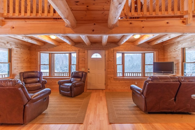 living area with light wood finished floors, wood walls, beam ceiling, and a healthy amount of sunlight