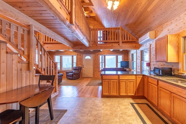 kitchen with wood ceiling, open floor plan, wooden walls, black microwave, and a peninsula