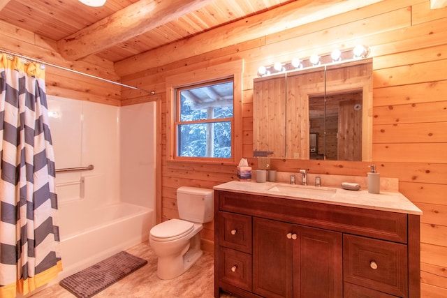 full bath with wooden ceiling, toilet, wood walls, vanity, and beamed ceiling