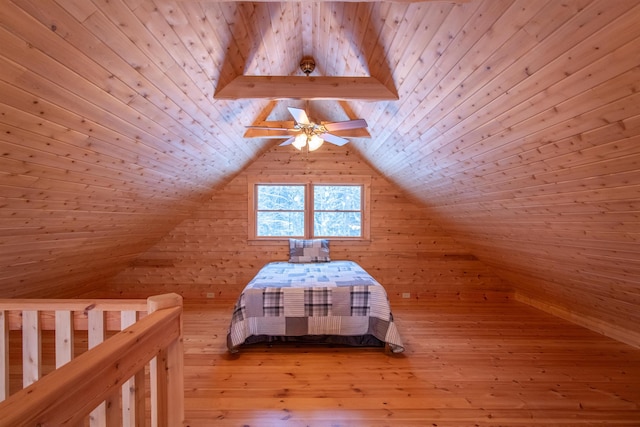 unfurnished bedroom featuring lofted ceiling, wooden ceiling, wooden walls, and wood finished floors