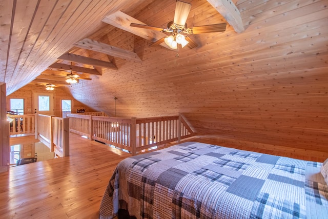 bedroom featuring wooden ceiling, vaulted ceiling with beams, wooden walls, and wood finished floors