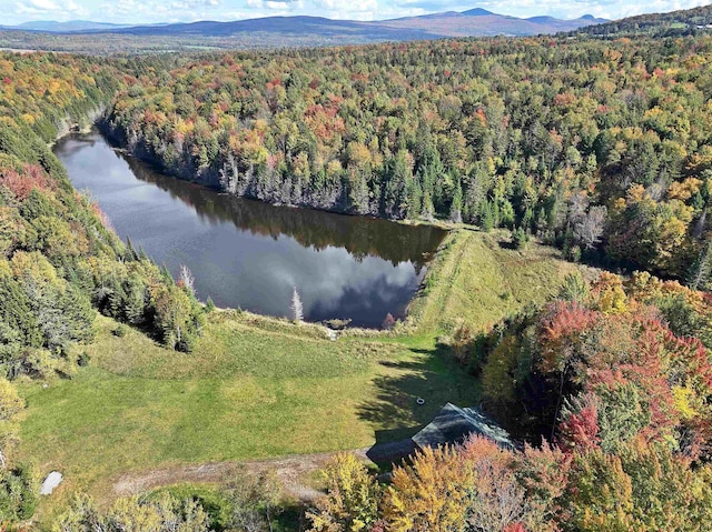 aerial view with a water and mountain view and a view of trees