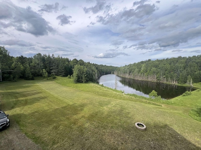 view of yard featuring a water view and a wooded view