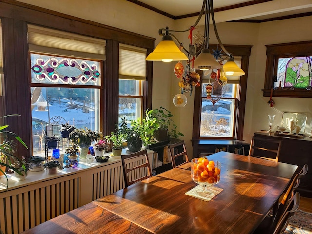 dining space featuring crown molding