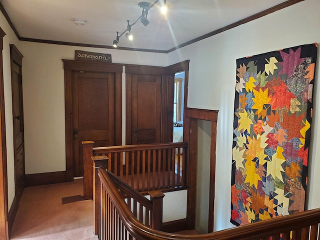 hallway featuring carpet flooring and ornamental molding