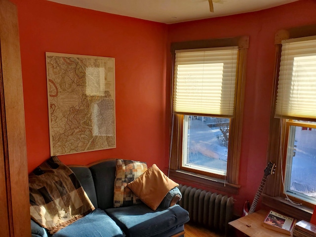 living area featuring radiator heating unit and a healthy amount of sunlight