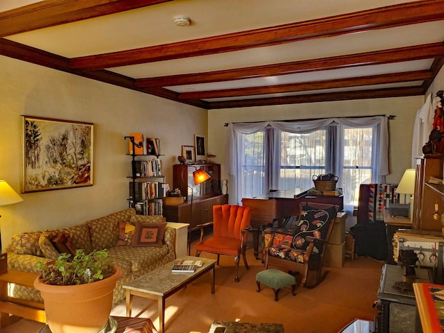 living room featuring beam ceiling