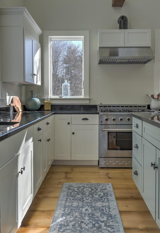 kitchen with stainless steel range, ventilation hood, light hardwood / wood-style floors, and white cabinets