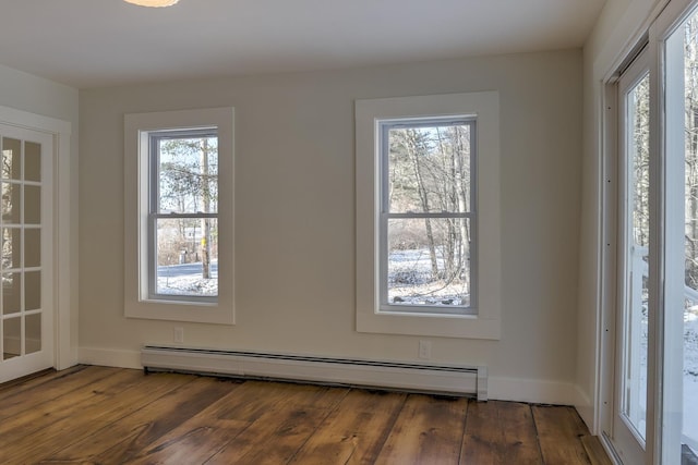 unfurnished room featuring a healthy amount of sunlight, dark hardwood / wood-style floors, and a baseboard heating unit