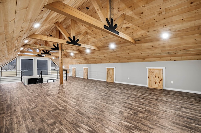 interior space with hardwood / wood-style flooring, vaulted ceiling with beams, and wooden ceiling