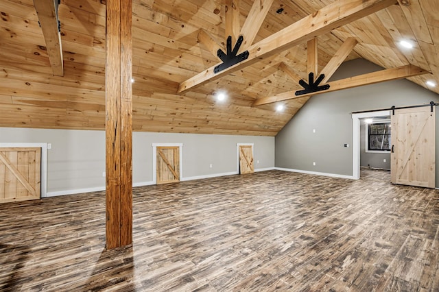 additional living space with vaulted ceiling with beams, a barn door, wood ceiling, and dark wood-type flooring