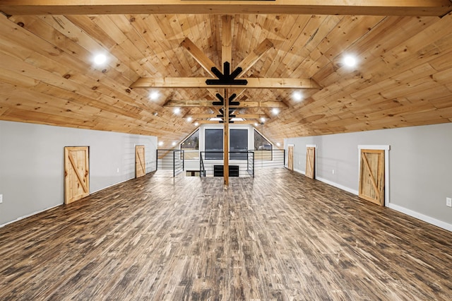 additional living space featuring vaulted ceiling with beams, wood-type flooring, and wooden ceiling