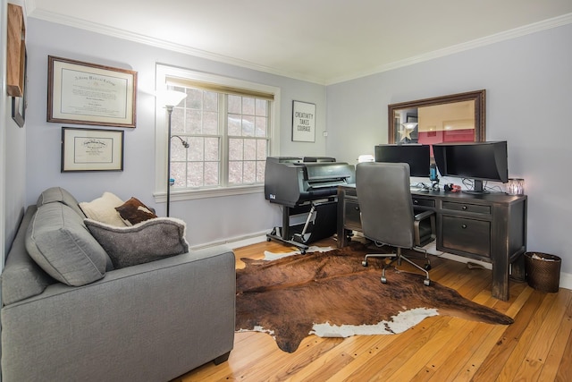 office with ornamental molding and light hardwood / wood-style floors