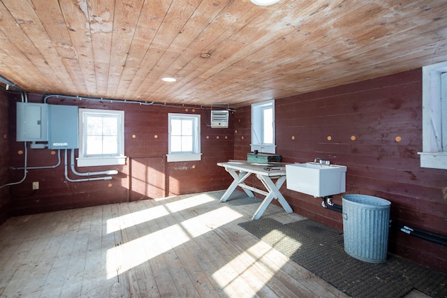 interior space with wooden walls, wood-type flooring, sink, electric panel, and wooden ceiling