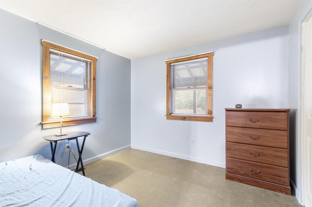 bedroom featuring light carpet