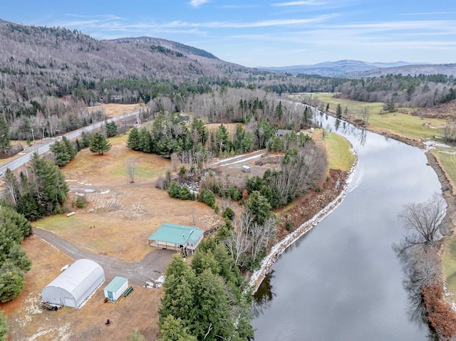 bird's eye view featuring a water and mountain view