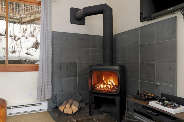 room details with a wood stove and a baseboard heating unit