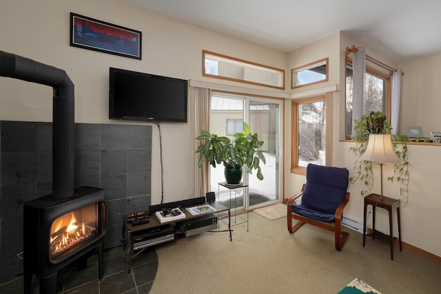 living area featuring dark colored carpet and a wood stove