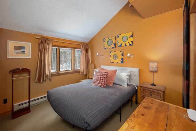 bedroom featuring carpet floors, a textured ceiling, a baseboard radiator, and lofted ceiling